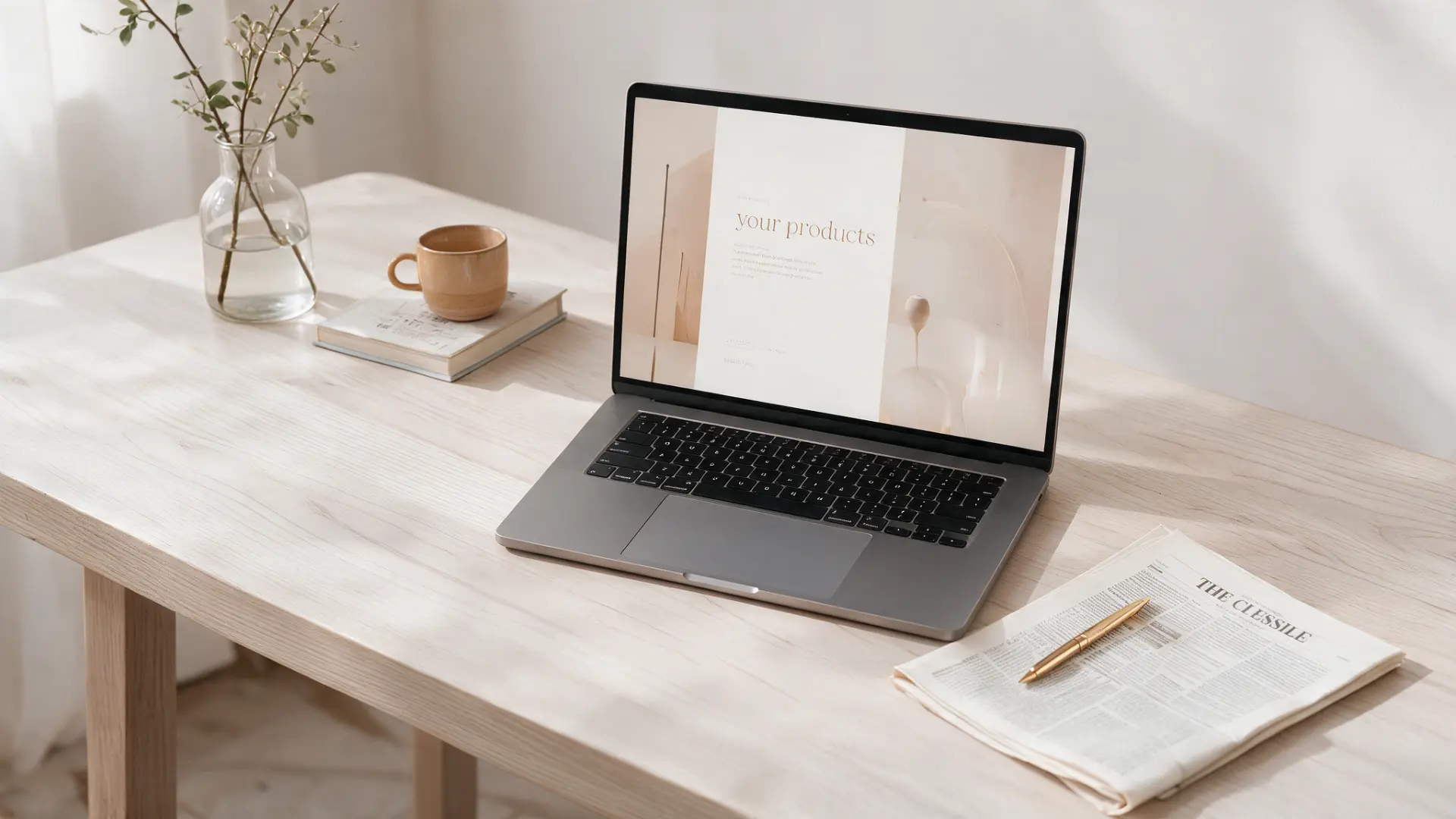 Laptop showing a clean product presentation on a wooden desk
