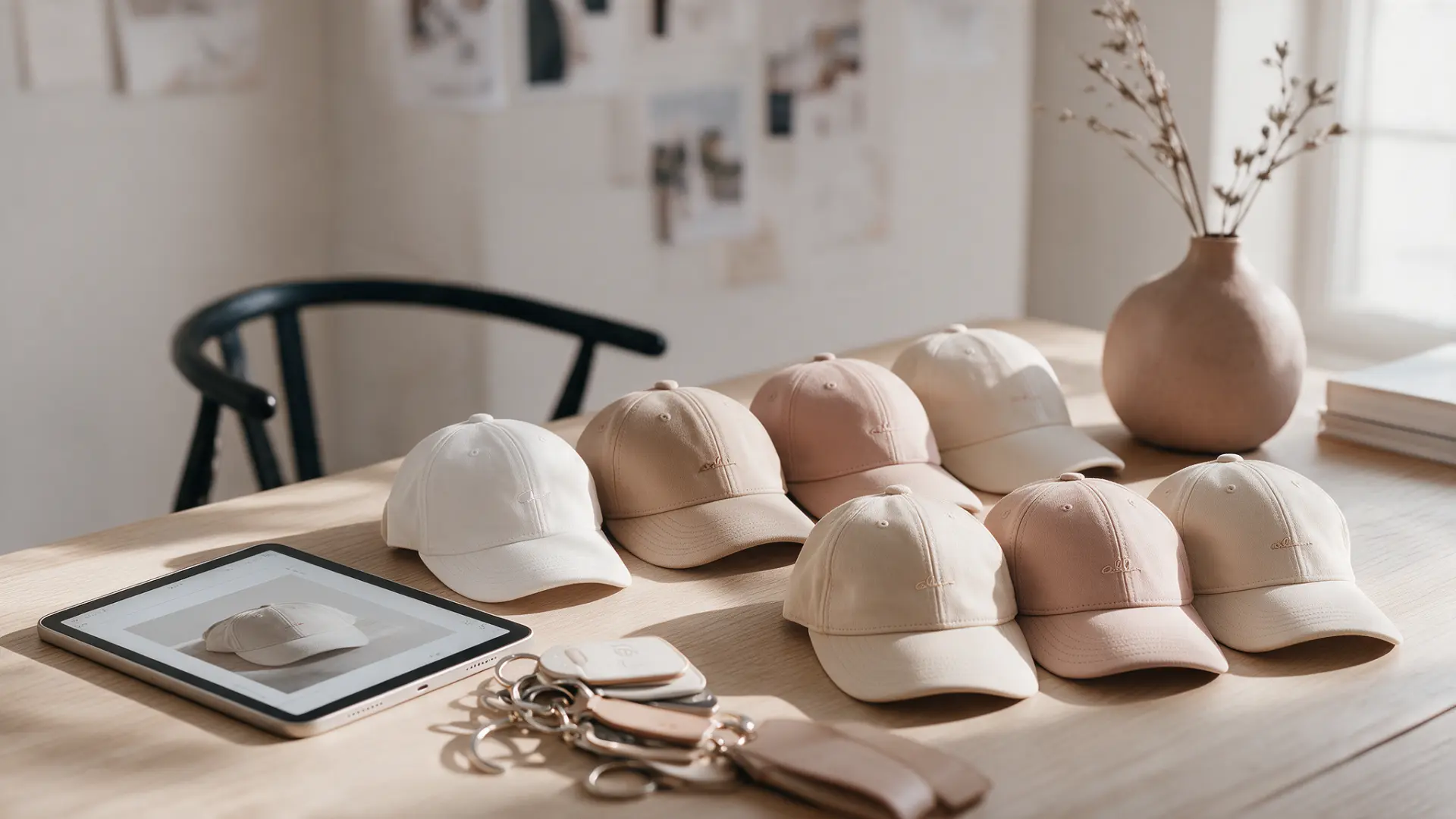 Branded caps, keyrings and tablet on a wooden desk