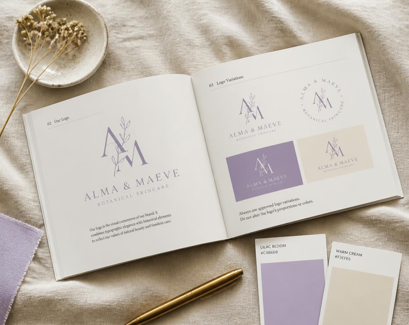 Open brand guidelines booklet with colour swatches on linen