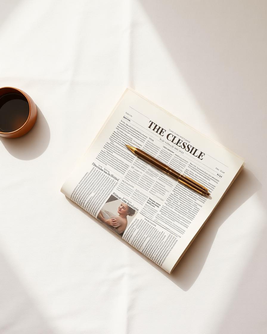 Folded broadsheet newspaper with brass pen