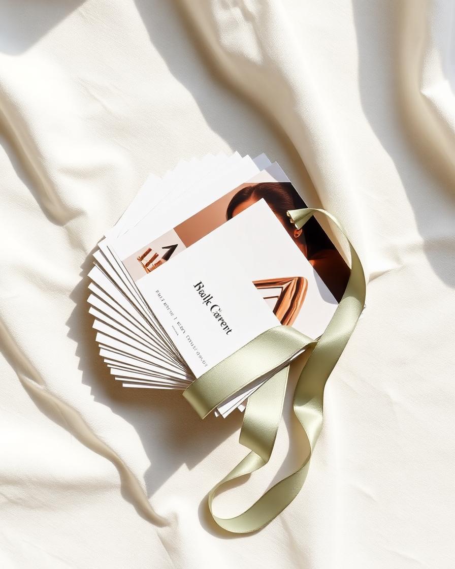 Fanned marketing campaign cards with sage ribbon