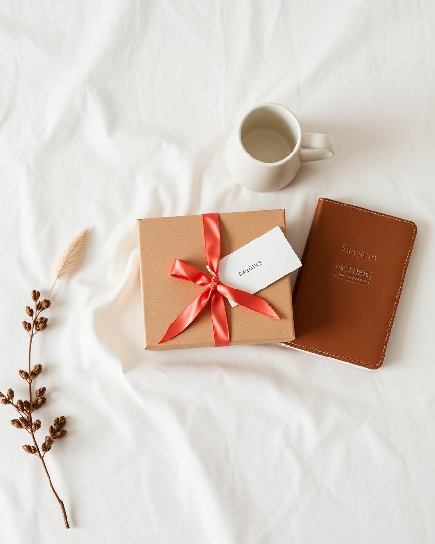 Branded gift box with ribbon, mug and notebook